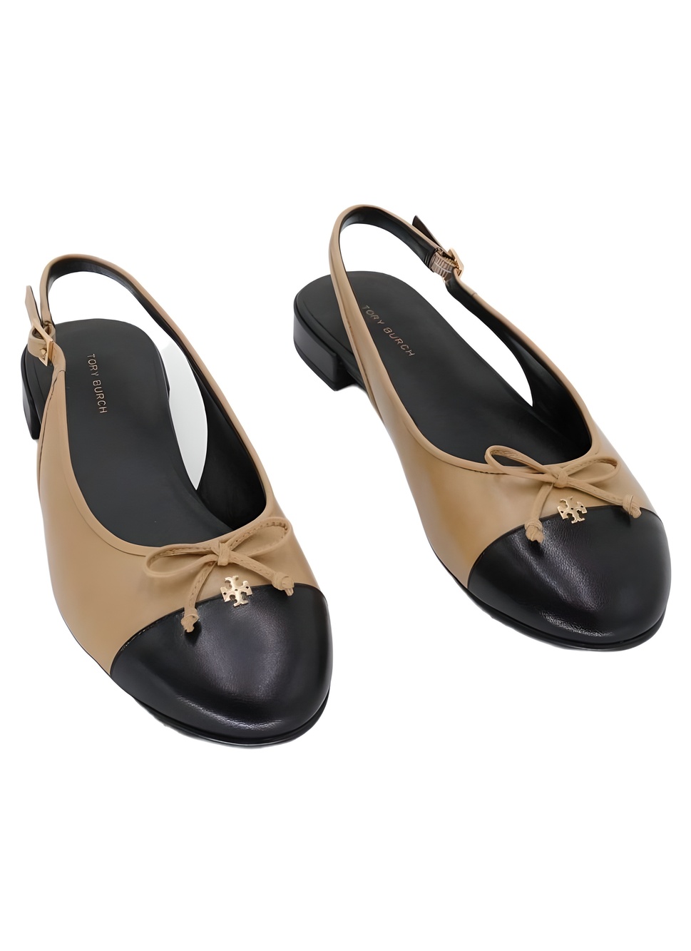 Tory Burch Ginger Shortbread Black Cap-Toe Slingback Ballet Flats Size 8.5M